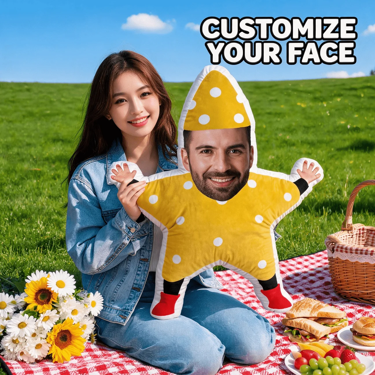 Custom Photo Star-Shaped Pillow, Personalized Face with Yellow Polka Dot Costume Design, Funny Custom Picture Decorative Cushion