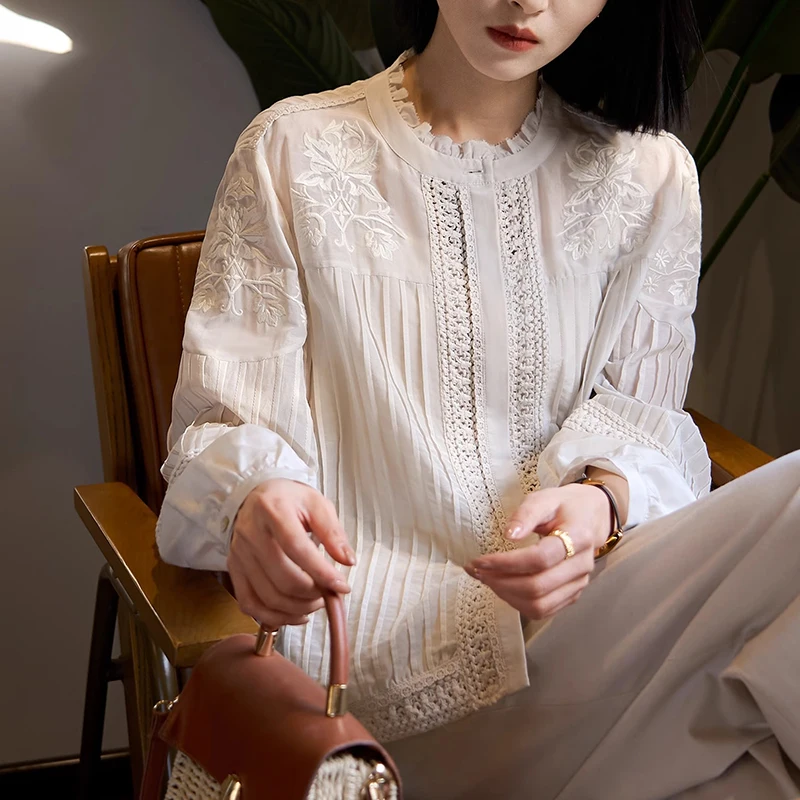 

Embroidered Shirts Women Long Sleeve Ruffles Neck Single-Breasted Hollow Out Blouse Female 2025 New Loose Casual Tops Shirts