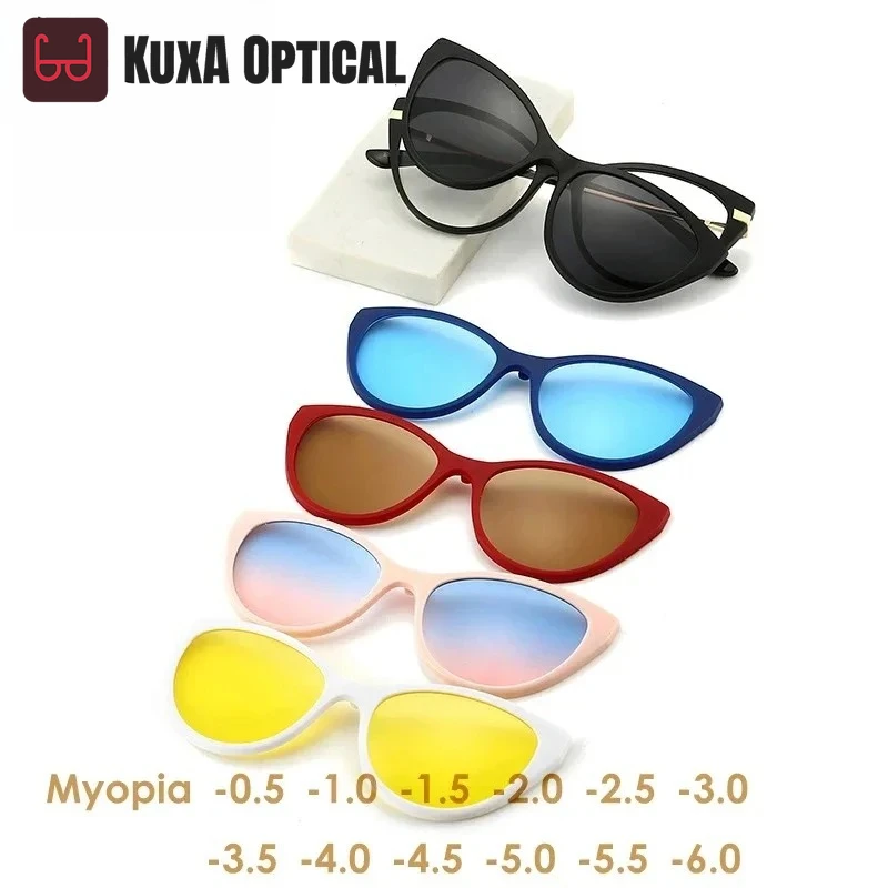 

Xuka Sports Cat Eye 5 + 1 комплект солнцезащитных очков для близорукости женские поляризационные магнитные очки TR90 клипса по рецепту 1,61 1,67 на заказ -0,5 ~-
