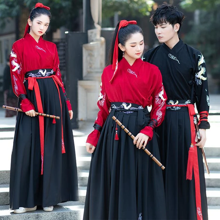 

Traditional Chinese Hanfu for Men and Women Crane Embroidered Cross Collar Ancient Chivalrous Daily Couple Costumes Full Suits