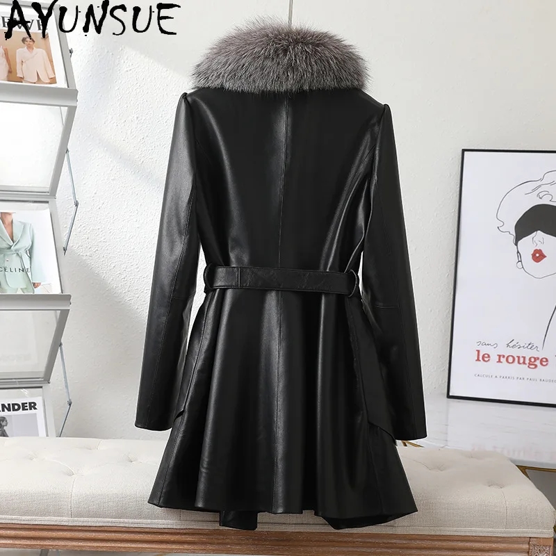 AYUNSUE Echte Schaffell Echtes Leder Jacke Frau 2025, Silber Blau Fuchs Pelz Kragen Damen Jacken Herbst Kleidung Nadalха Ж 1897