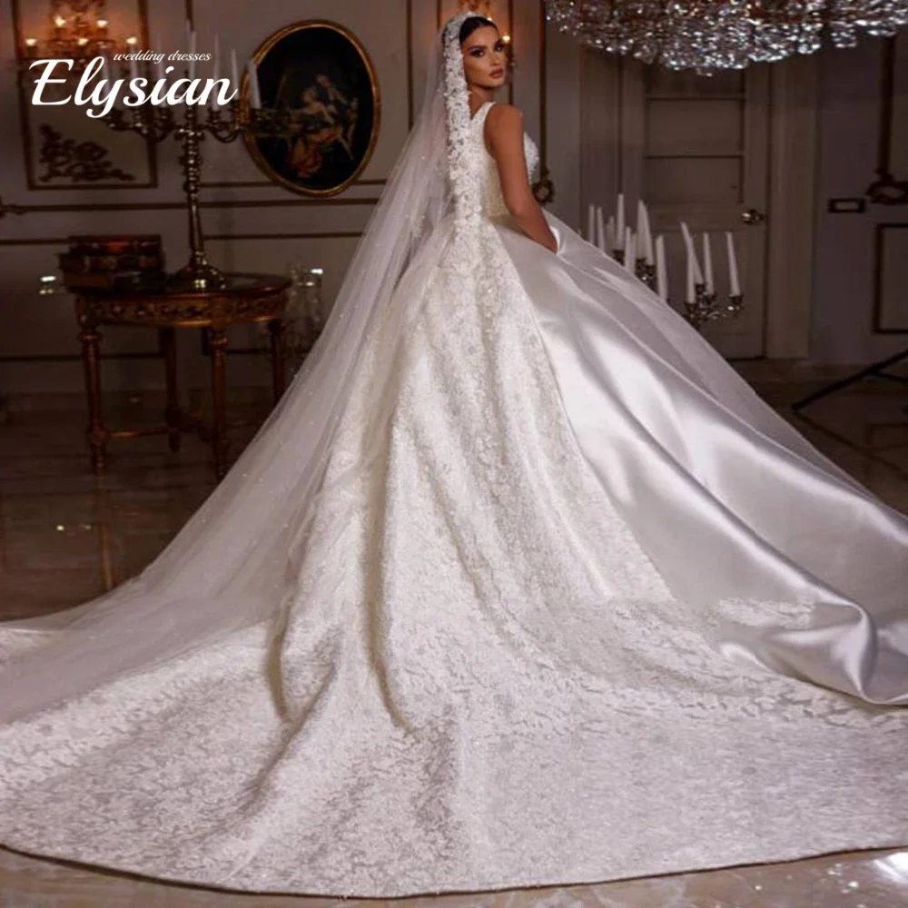 Customized Romantic Sweetheart Spaghetti Strap Ball Gown Pearls Lace Pleat Floor-Length Beading Satin Wedding Dress