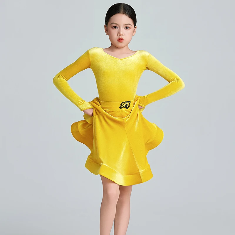 Dress Kids Cha Cha Dance Dress Practice Clothes Girls Latin Dance Professional Compeititon Dress Long Sleeces Velvet