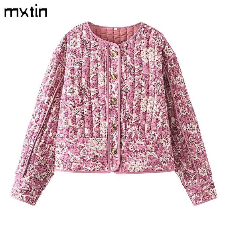 Chaquetas holgadas con estampado Floral para mujer, abrigo Vintage con cuello redondo, Parkas de un solo pecho, prendas de vestir exteriores