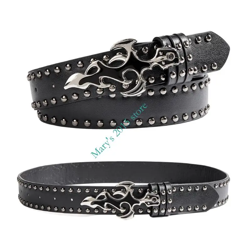 Trendy Punk Rock Belt Waist Sash Feature Flame Shaped Clasp And Rivets Studs For Costume Decoration