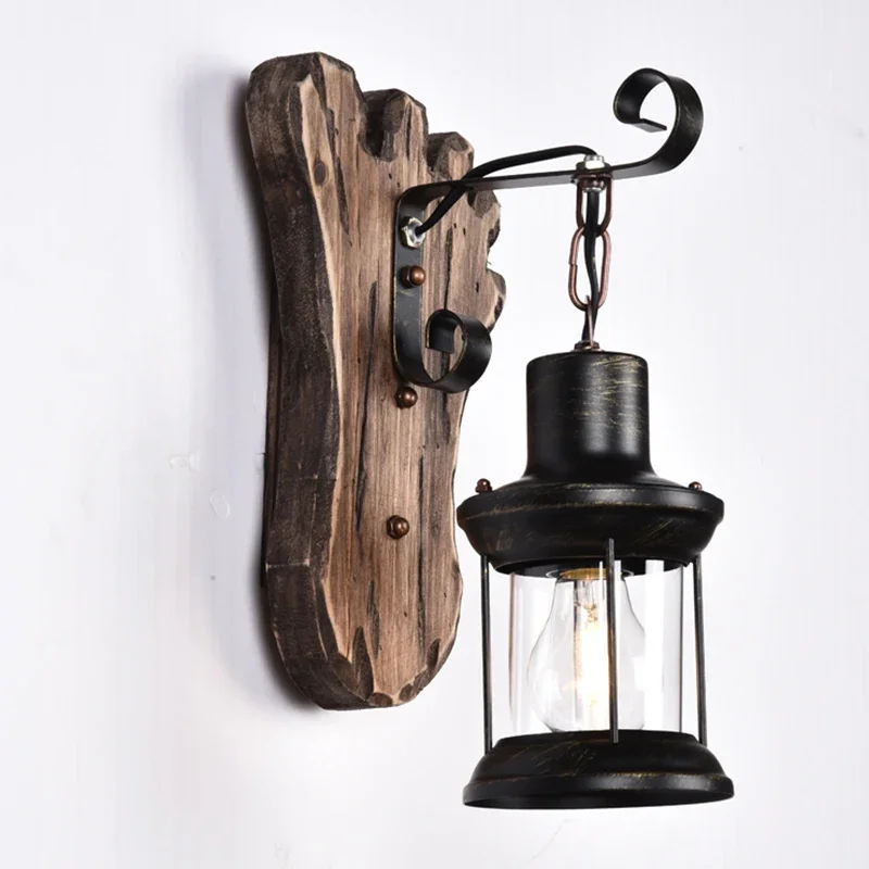 TechHPVintage American Style Wall Lamp Wood Iron Glass Black Bed And Breakfast Hot Pot Restaurant