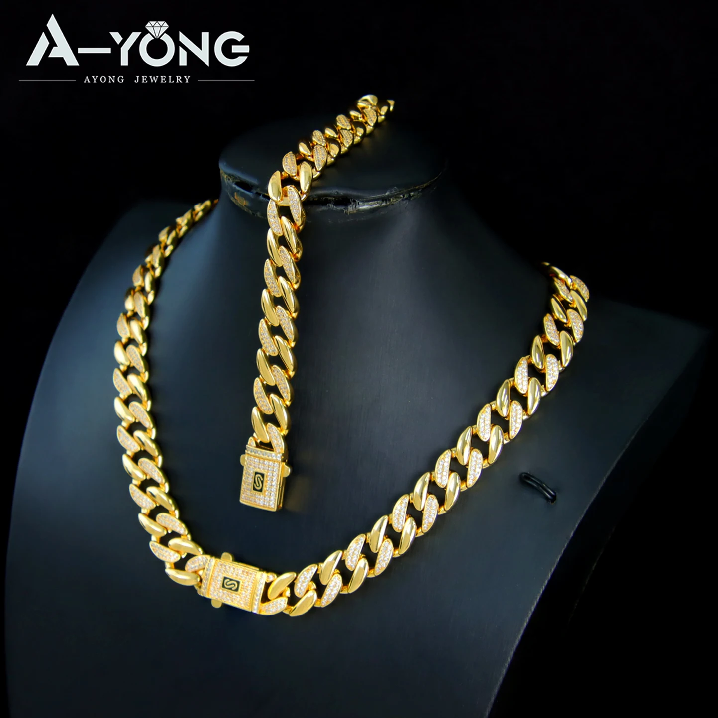 Luxuriöses Zirkonia Monaco Schmuckset 21k Vergoldet Italienischer Hip-Hop Kubanische Halskette Armband Ring Ohrringe Damen Punk Schmuck – Detail 14
