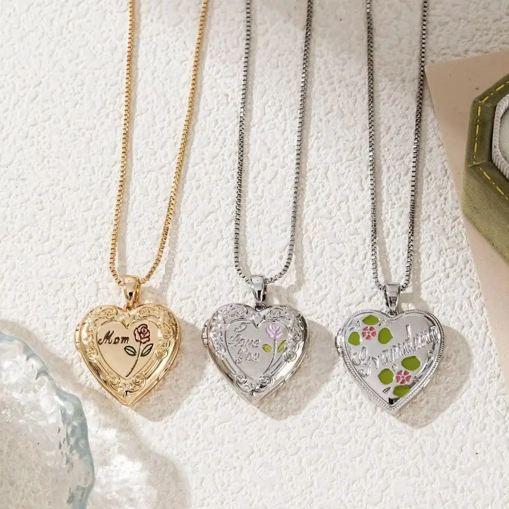 Heart Shaped Love Box Pendant Elliptical Pattern Engraved Photo Locket Necklace Preserved Vintage Rose Pendant Memory