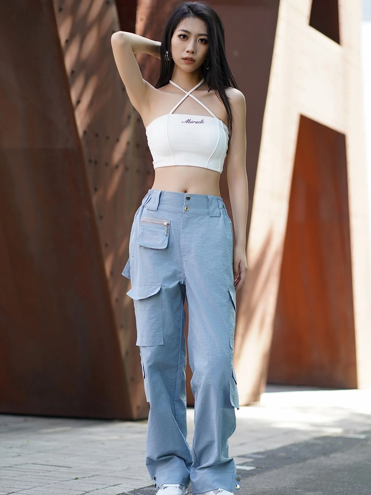 

MC Miracle Women's Casual Straight Leg Pants Autumn Thin Design Multi-Pocket Street Dance Jazz High Waist Long Polyester Fiber