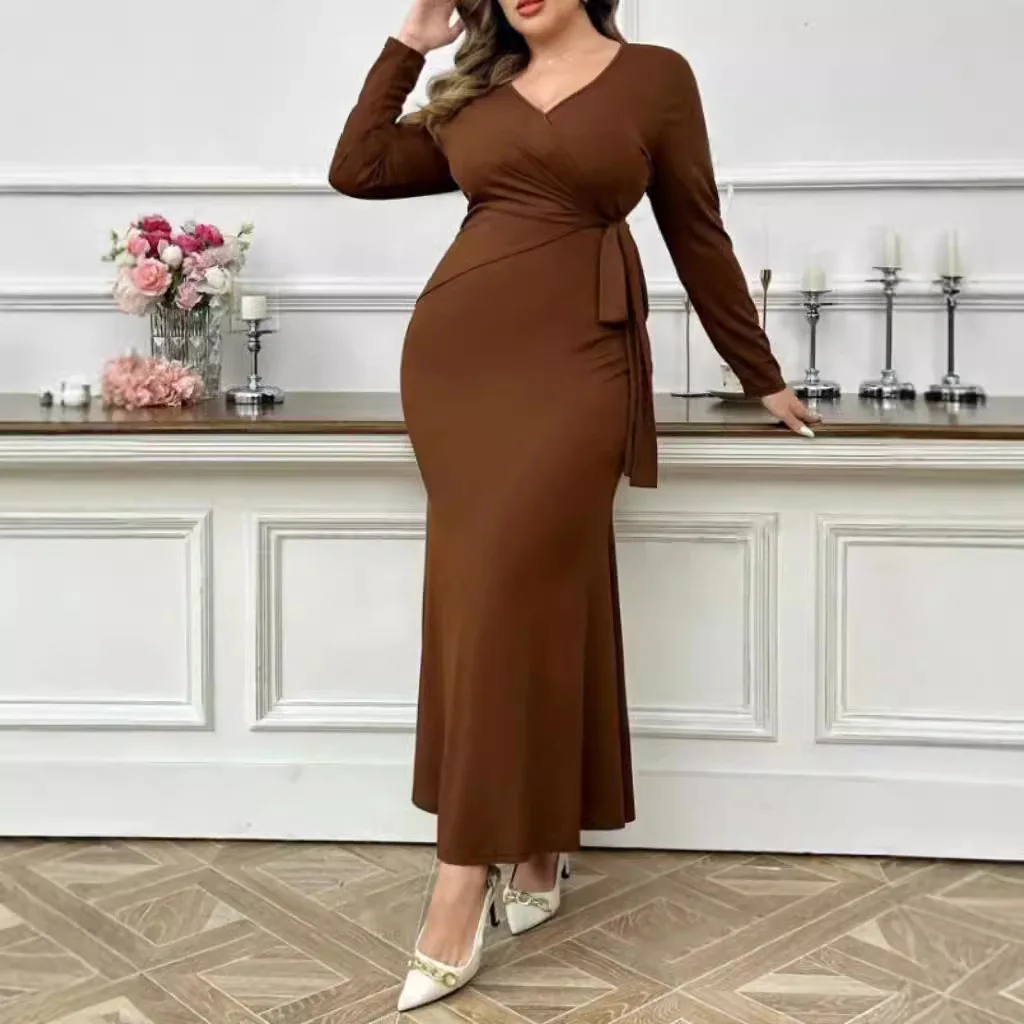 Coffee Plus Size Basic Wear Casaul Dress Women's Fashion French Style Design Side Lace-Up V Neck Bandage Long Sleeve Maxi Dress