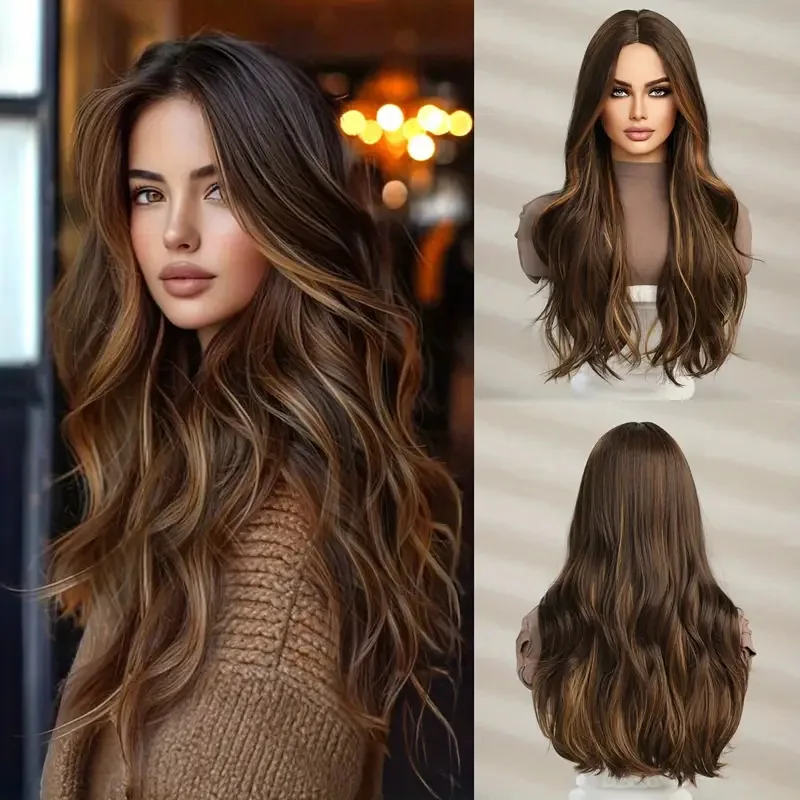 

Fashion new European and American style women's wig hanging ears, highlighting dark brown medium length curly hair, full headgea