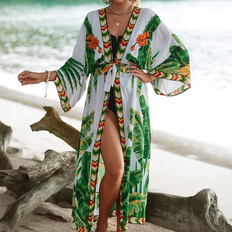 Kimono largo para mujer, teñido anudado elegante con traje de baño, trajes de playa con frente abierto, traje de baño, cubierta de bikini