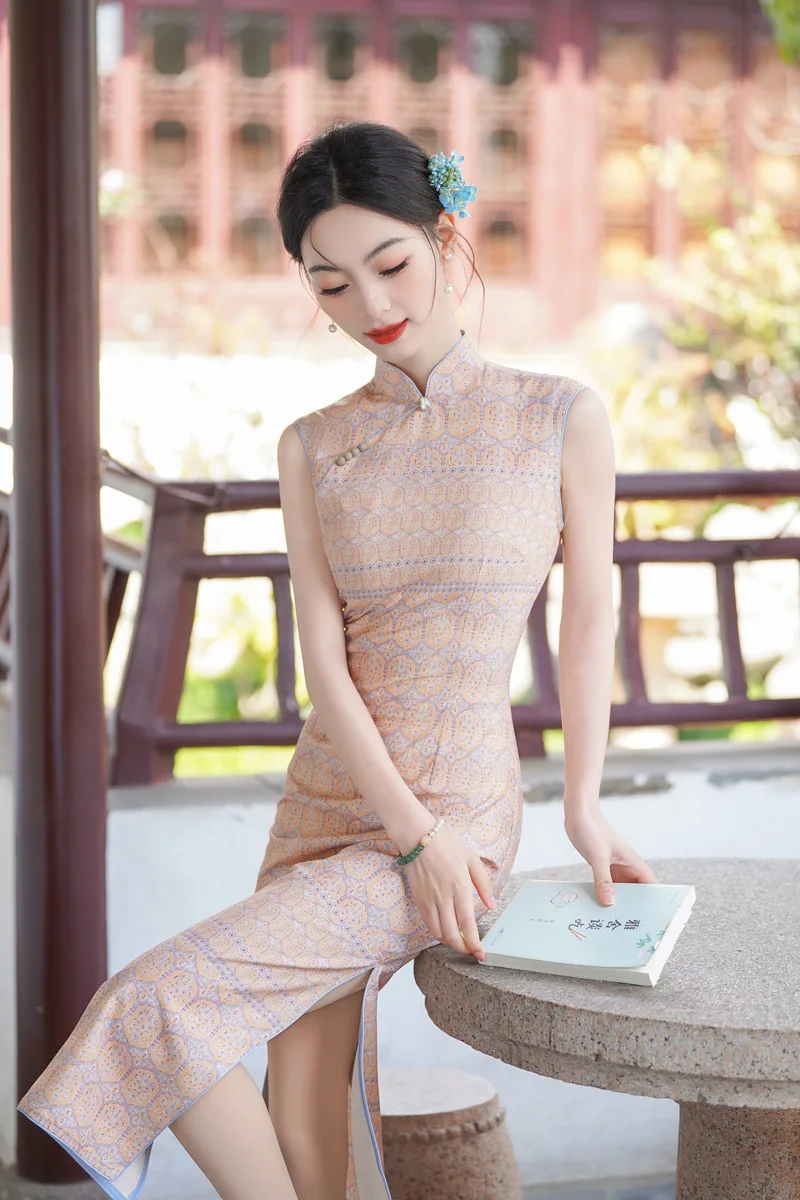 

Chinese Style Suzhou Long Print Cheongsam Improved Young Style Women' Sleeveless Qipao Dres