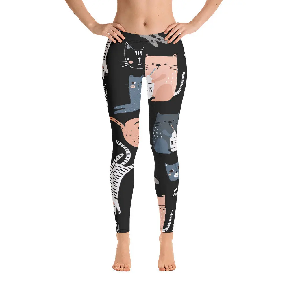 Kitten print stretch slim-fit elastic waist casual leggings for women