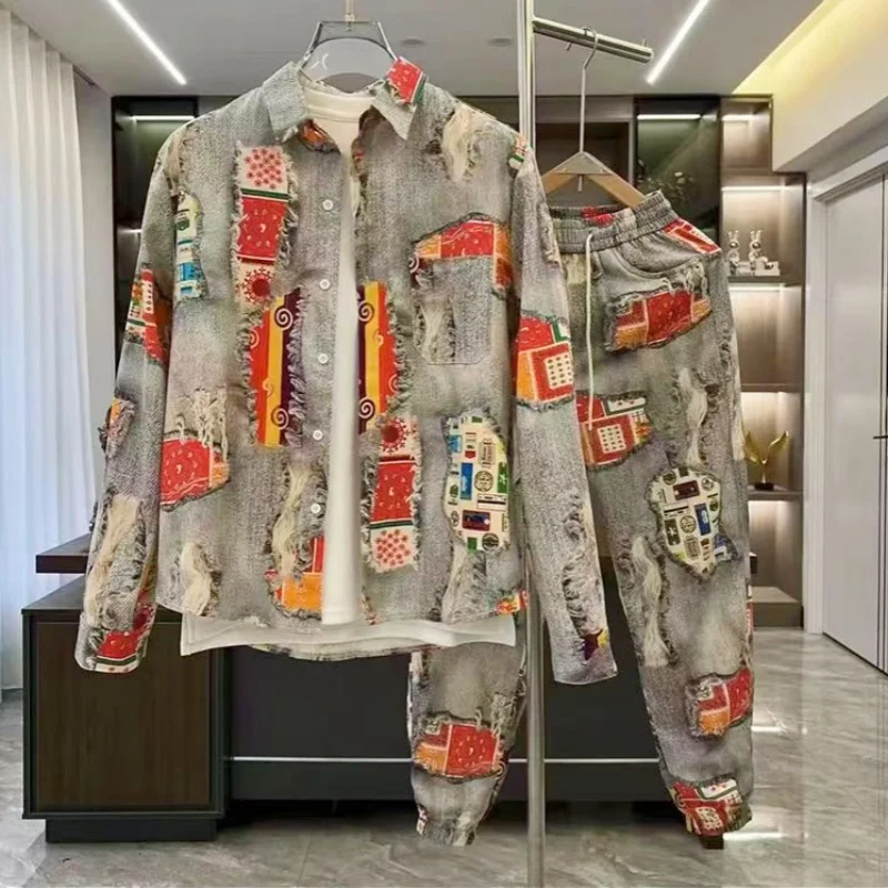 

American Retro Painted Print Matching Sets Two Piece Outfits Men Graphic Jacket Baggy Sweatpants Casual Pant Sets Fashion Male