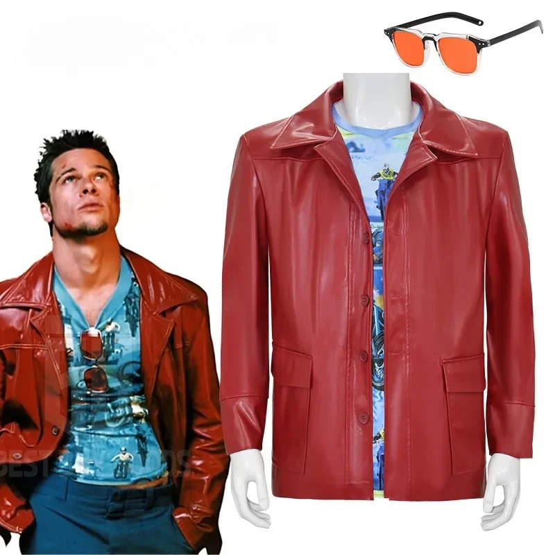 

Fight Club Tyler Jacket Cosplay Costume Movie Durden Leather Coat with Shirt Glasses Halloween Carnival Party Suit Man Adults