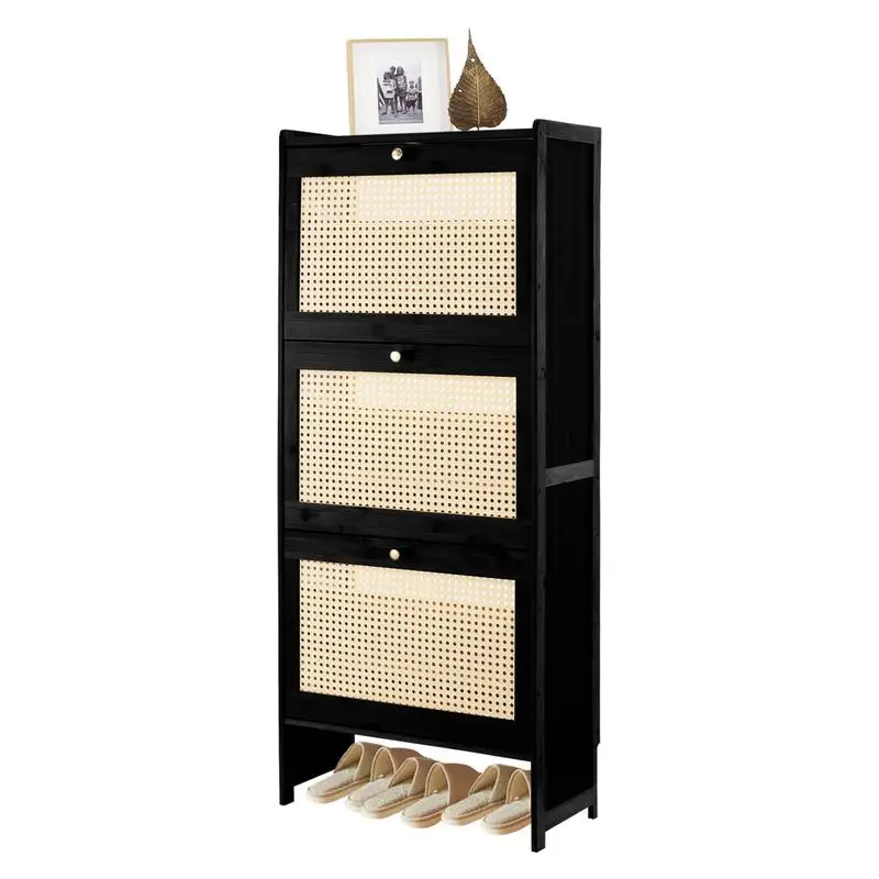 Free-Standing Shoe Cabinet Rattan Shoe Organizer Cabinet Smooth Handle Shoe Storage Organizer For Leather Shoes Slippers High