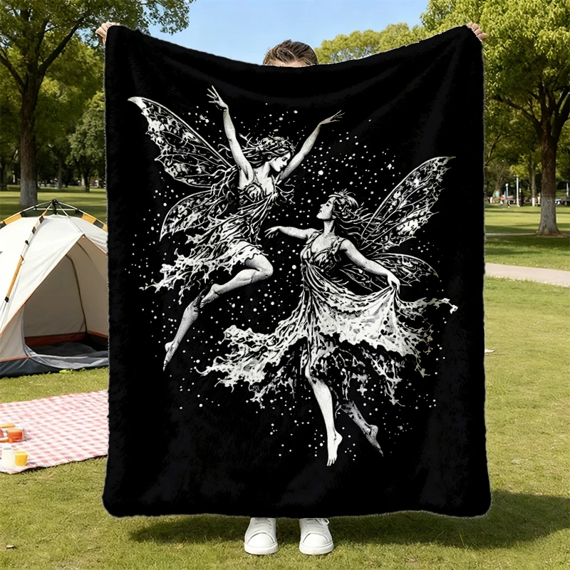Grunge Dancing Fairies Cozy Blanket, Fairycore Graphic Warm Blanket, Faerie Dark Gothic Aesthetic Soft