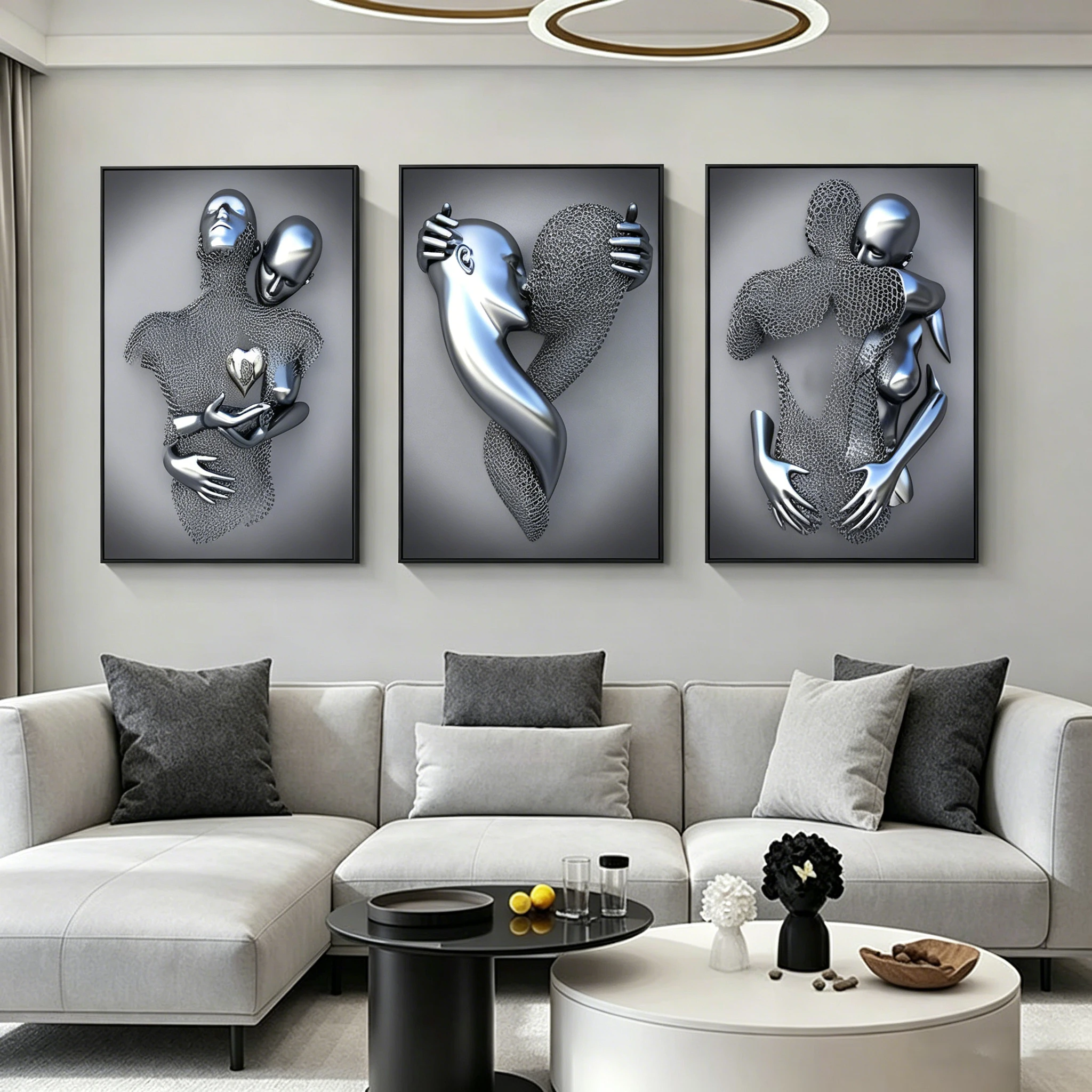 Abstract Metal Figure Couple Hug Canvas Painting Modern Romantic Lover Poster Wall Art Living Room Bedroom Home Decoration Print