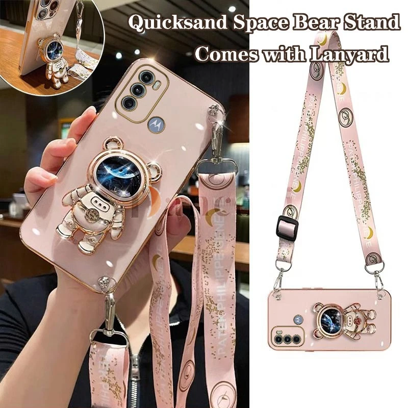 Quicksand Astronaut Lanyard Plating Phone Holder Case For Motorola Moto G60 G53 G52 G50 G42 G30 G20 G60s G52 G10 G22 G8 G9 Cover