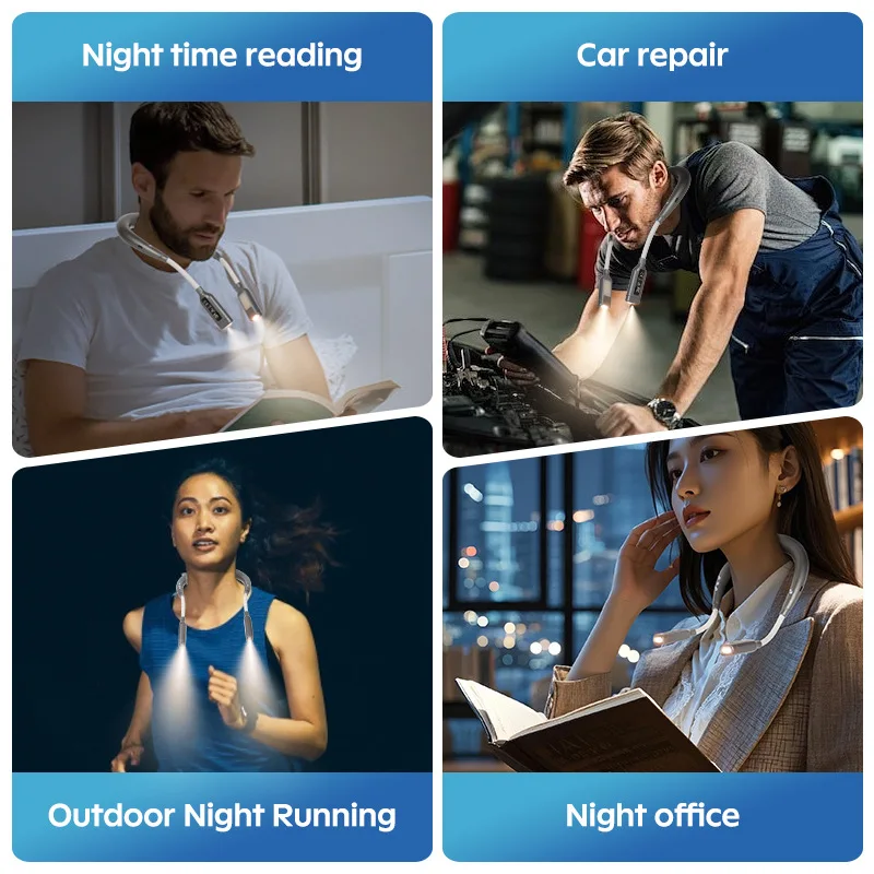 Luz de pescoço recarregável usb com lâmpadas de leitura reguláveis de 3 cores dobráveis cabeças flexíveis duplas aquecimento traseiro luz de livro de cuidados com os olhos