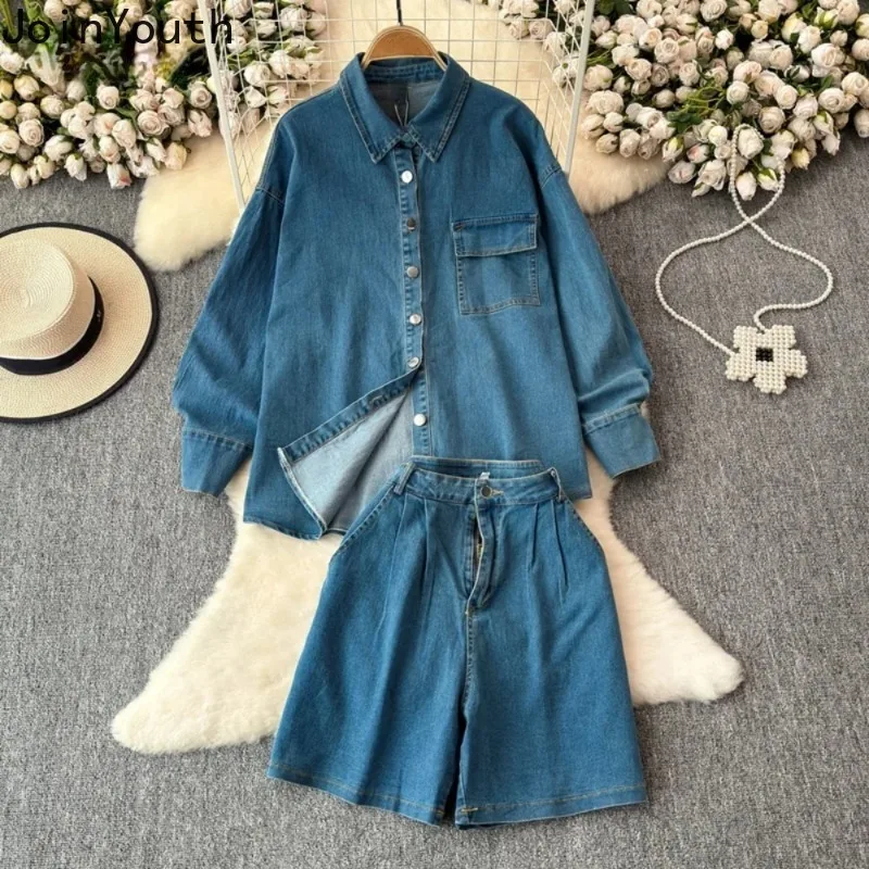 Two Piece Set Women Clothes Long Sleeve Oversized Shirt High Waist Vintage Casual Shorts Elegant Suits Fashion Denim Y2k Outfits