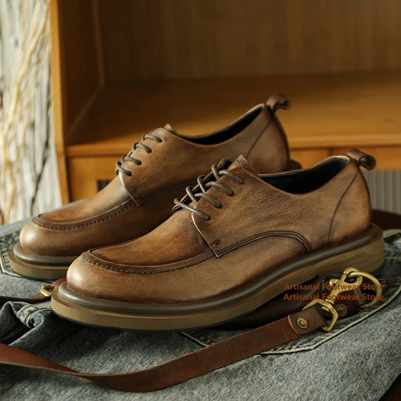 

Retro Round Toe Thick Soled Men's Shoes Height Increasing Casual Leather Shoes Lace-Up Soft Leather Soft Sole Workwear Shoes