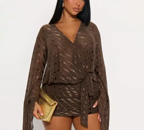 

Women's Dress Summer Fashionable New Style Perspective Sexy Wave Pattern Printed Horn Sleeve Exposed Backpack Hip Party Dress