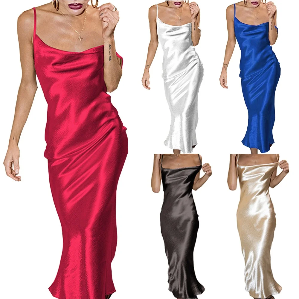 Summer  Color Street Style Silk Satin Halter Tailored One Step Skirt Dress Women's Fashionable Long A-Line Gown