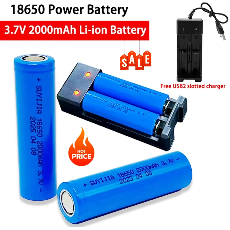 100% الأصلي 18650 بطارية 3.7 فولت 2000 مللي أمبير بطاريات ليثيوم أيون قابلة للشحن مع شاحن لخلية مصباح يدوي جرس الباب المؤشر الكهربائي