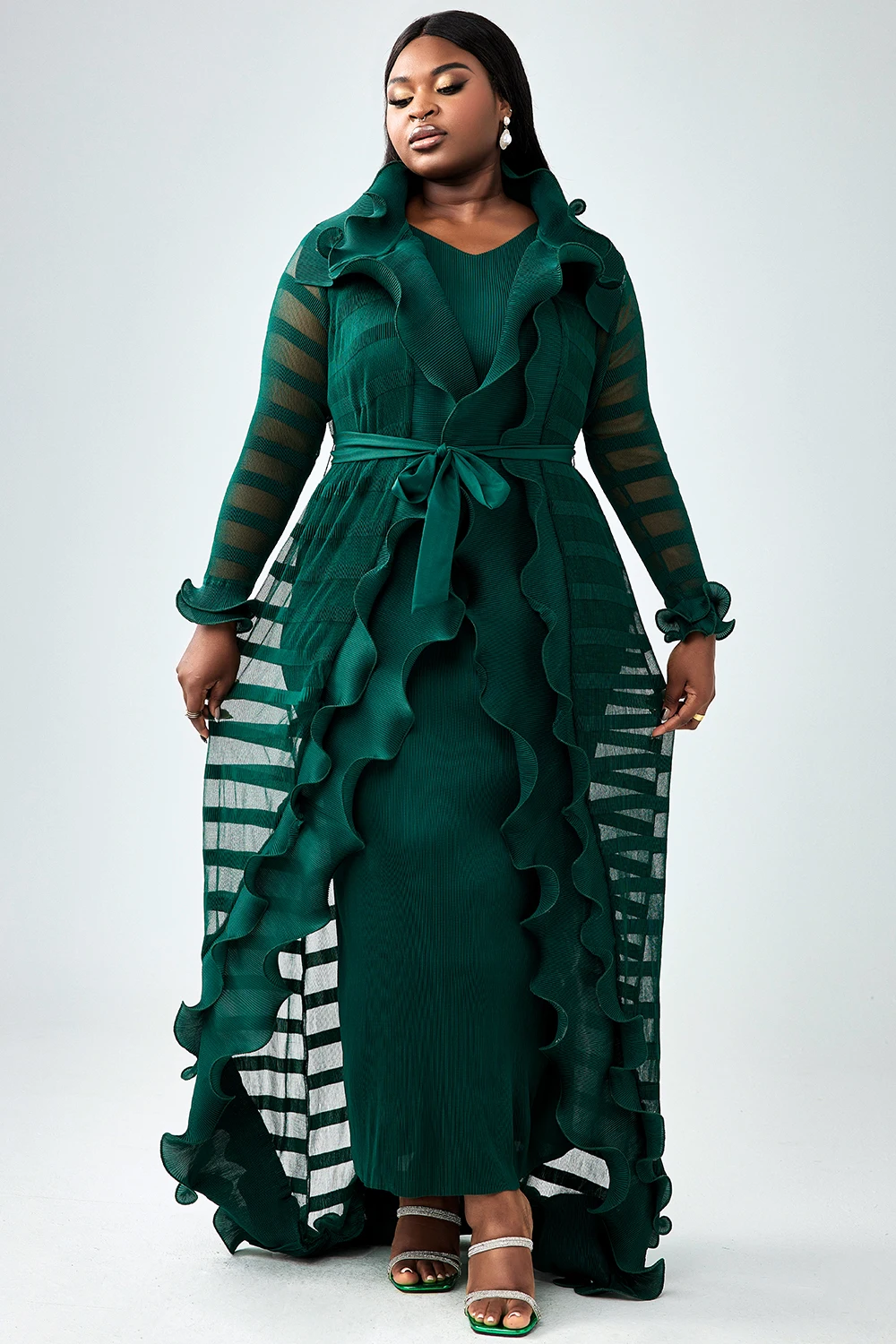 Knitted Women\'s Plus Size Dress Semi Formal Two Piece Dress Set Green See-Through Ruffle Knitted Autumn Two Piece Maxi Dress Set