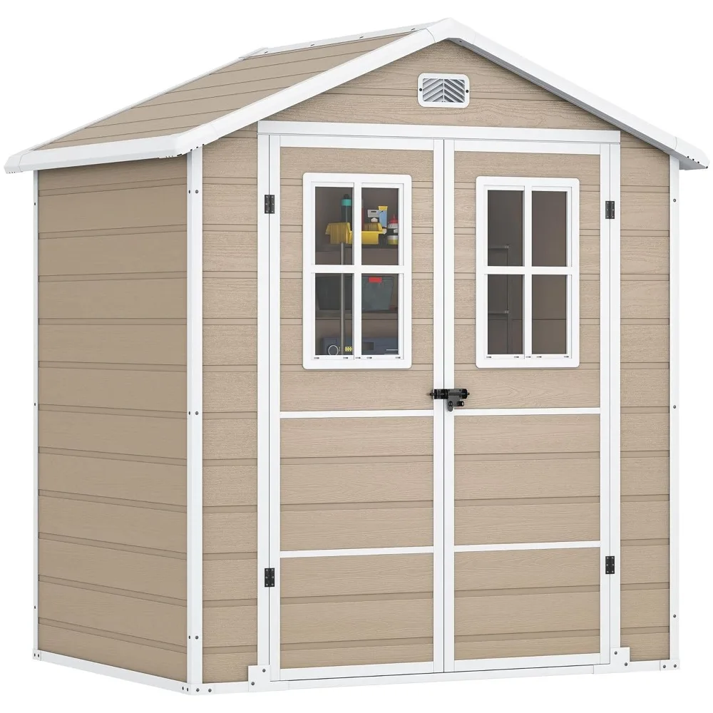 

6x4.4 FT Outdoor Storage Shed, Plastic Garden Tool Shed with 2 Windows, Double-Wall Outside Shed, Customized