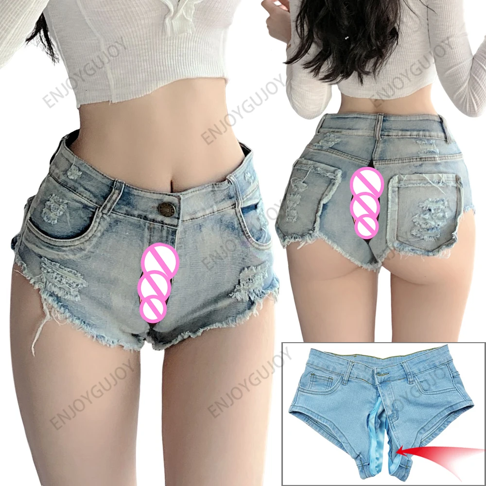 

Exotic Charm,Women's Denim Shorts,Invisible Open Crotch Outdoor Sex,Women Clothing Ripped High Waist Tight Jeans Sexy Hot Pants