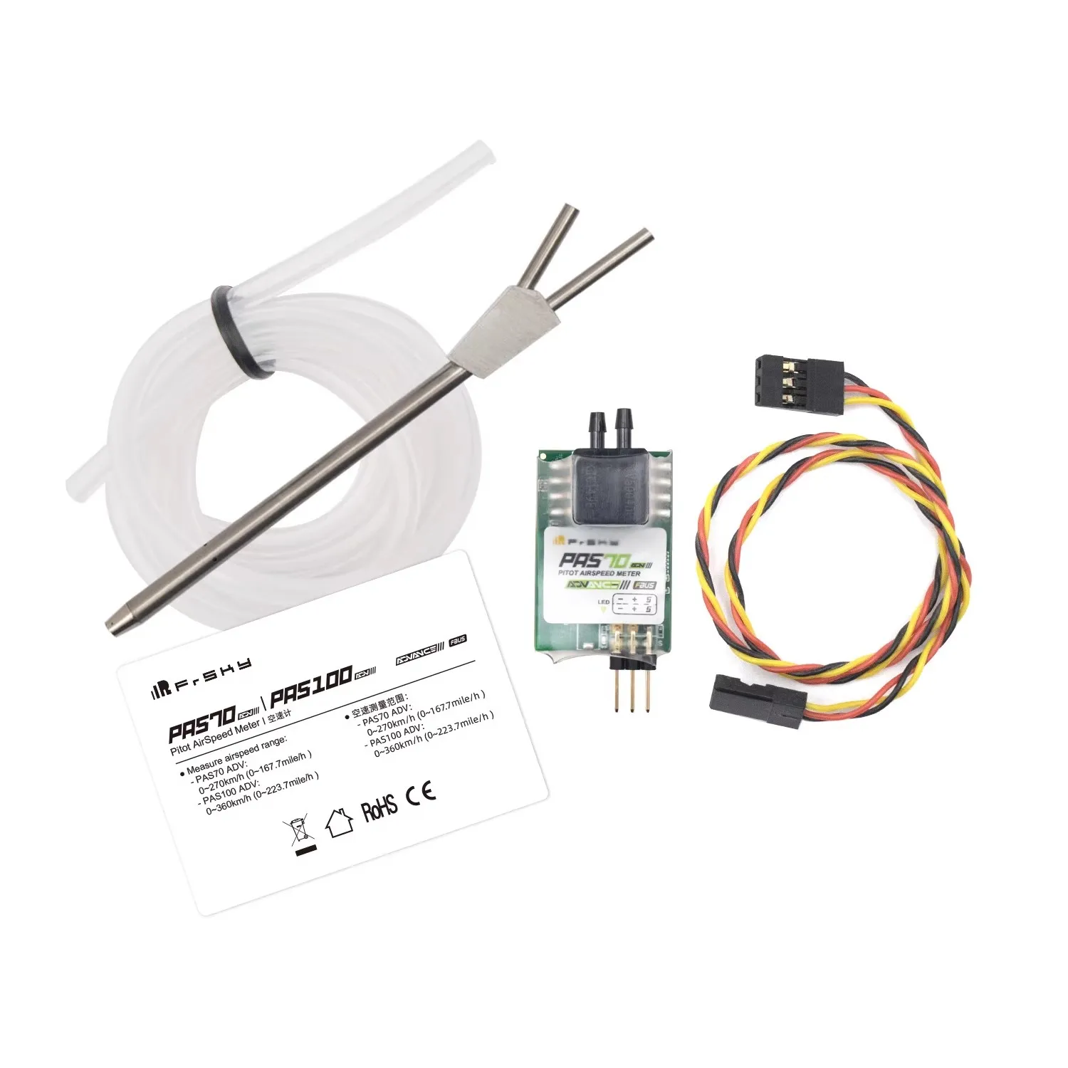 

FRSKY PAS70 ADV может использоваться для измерения скорости воздушного потока в диапазоне скоростей от 0 до 270 км/ч (от 0 до 167,7 миль/ч). Поддерживает FBUS/S.Port.