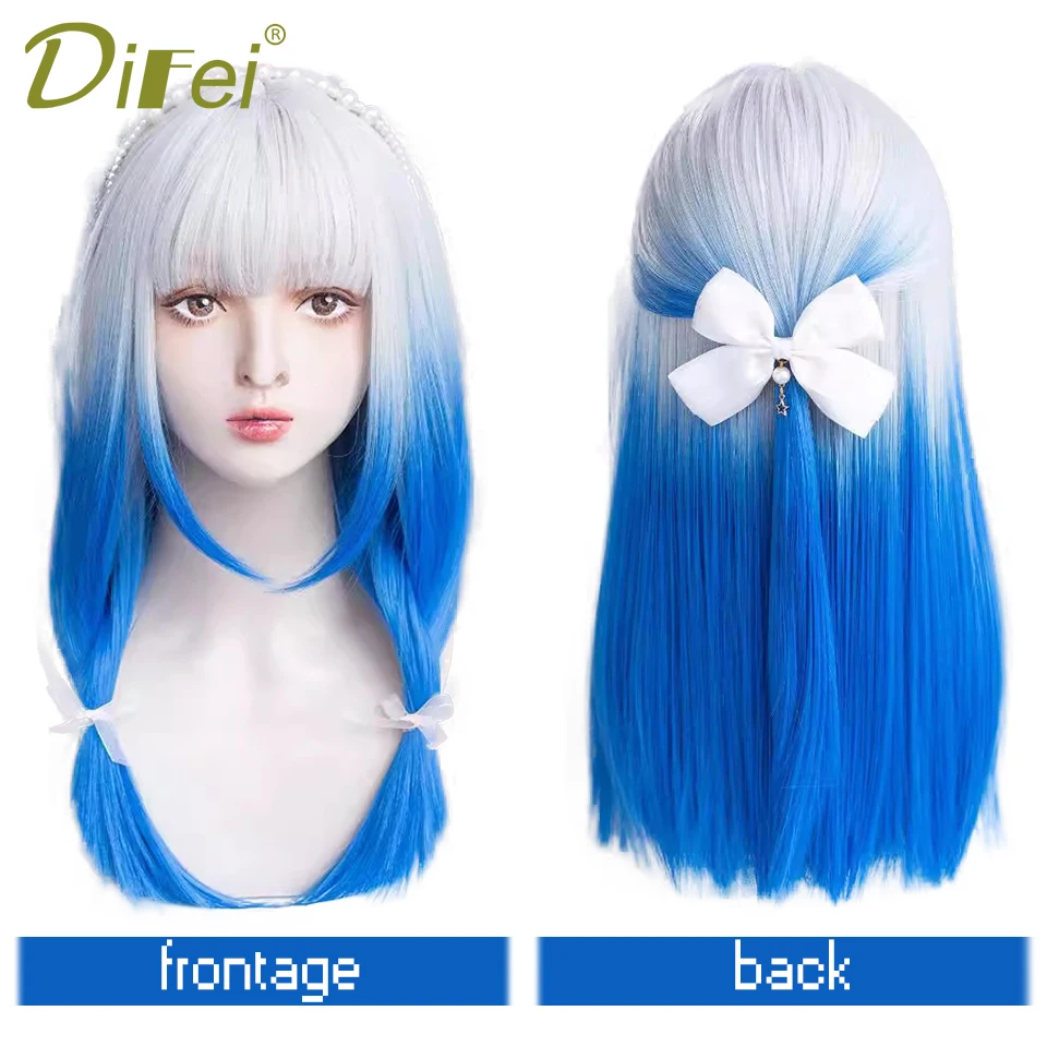 DIFEI Gradient Straight Hair Synthetic Long Hair Wig Gray Gradient Blue Lolita Beauty Everyday Girl Cosplay Christmas Party Wig