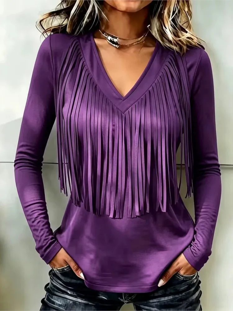 Women Fringe T-shirt V Neck Long Sleeve Solid Color Slim Casual Top Country Music Festival Party Lady Blouse Streetwear Tee