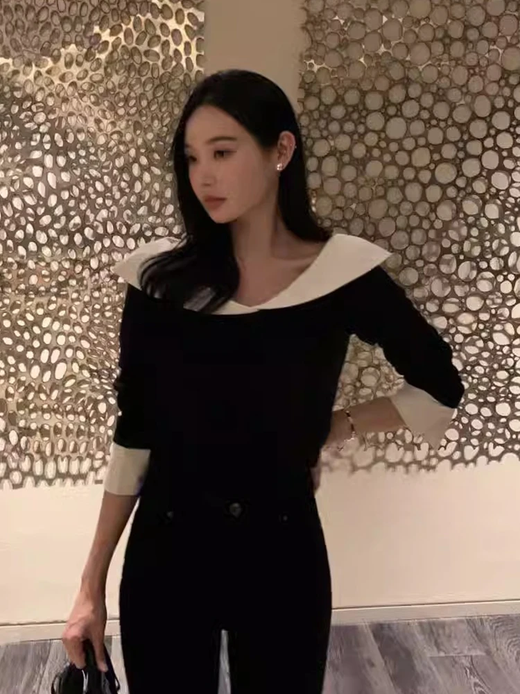 Chique herfst-winter gebreide lange Sve-top met kantontwerp Kleur Blo Fake tweedelig losvallend woon-werkverkeer Normale lengte