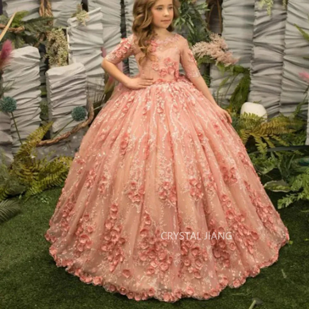 

Classy Long Jewel Neck Tulle Flower Girl Dresses Half Sleeves with Appliques Ball Gown Floor Length Vestidos Para Niñas