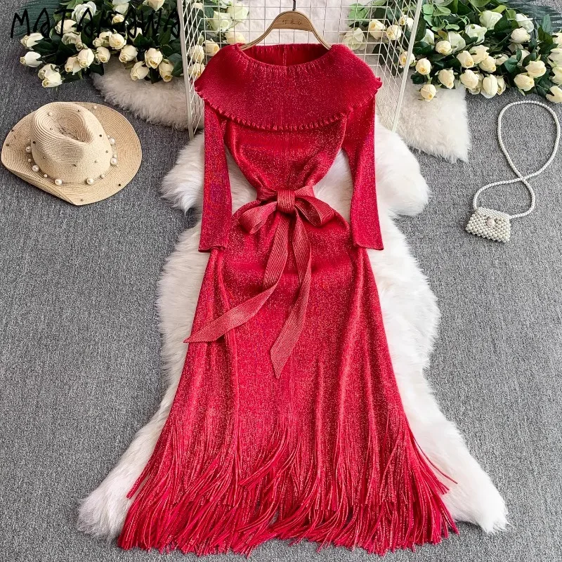 

Matakawa Dinner Party Dresses Women Slash Neck Tassels Solid Elegant Long Dress Korean Fashion Bandage Bow Vestidos Mujer