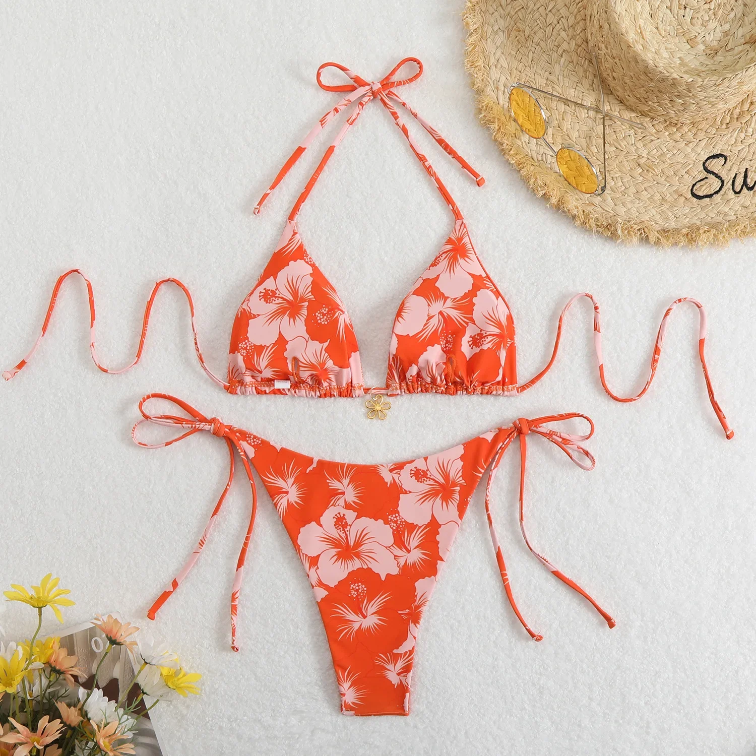 Micro bikini sexy con stampa floreale arancione 2025 Costume da bagno da donna con perizoma push up doppio lato Costume da bagno brasiliano da spiaggia Costumi da bagno da piscina