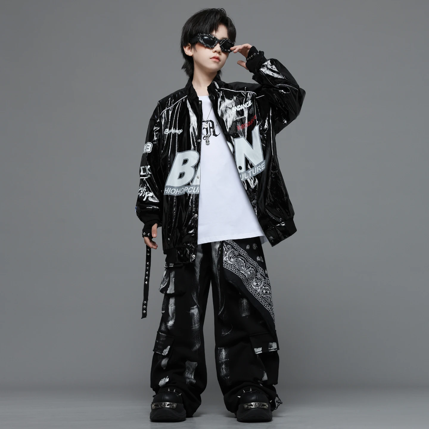 Yougth Danza moderna Abbigliamento Hip Hop Giacca oversize in ecopelle Top Pantaloni cargo casual per ragazza Costumi di danza jazz Vestiti