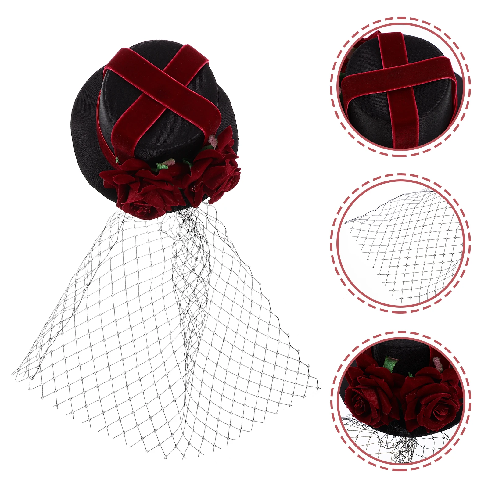 

Red Rose Hat Premium Satin Elegant Vintage Hair Accessory Party Festival Decoration Women Girls Clip Gauze Hairpin Flower