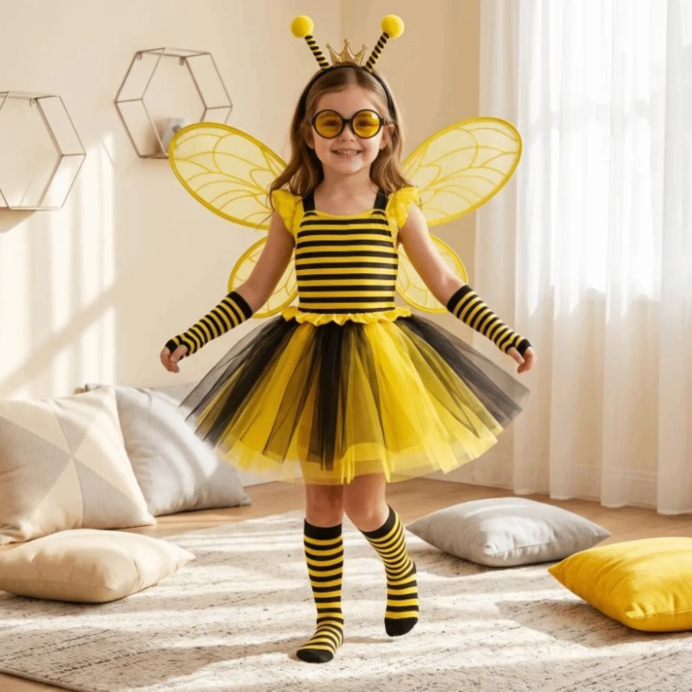 Bugs Bee Cosplay Wings Suit Insect Handmade Craft Yellow Bee Fly Wings Elastic Straps Sparkle Kids Party Wings Cosplay Event