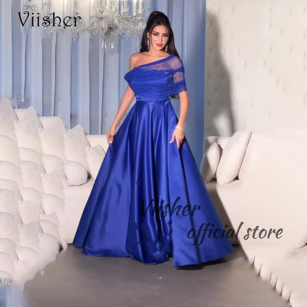 

Viisher Blue Satin A Line Evening Dresses for Women Sequins Off Shoulder Dubai Arabia Prom Party Dress Long Women Evening Gowns