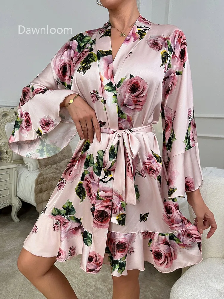 

Dawnloom* Шелковая ночная рубашка с принтом розовых роз для женщин, с рукавами-трубой и кружевной окантовкой - роскошная домашняя одежда для многослойного использования