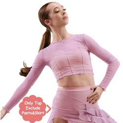 MiDee 2 Piece Mesh Crop Top for Grils Women Crew Neck Long Sleeves Tap Jazz Dance Wear Modren Contemporary Lyrical Dance Costume