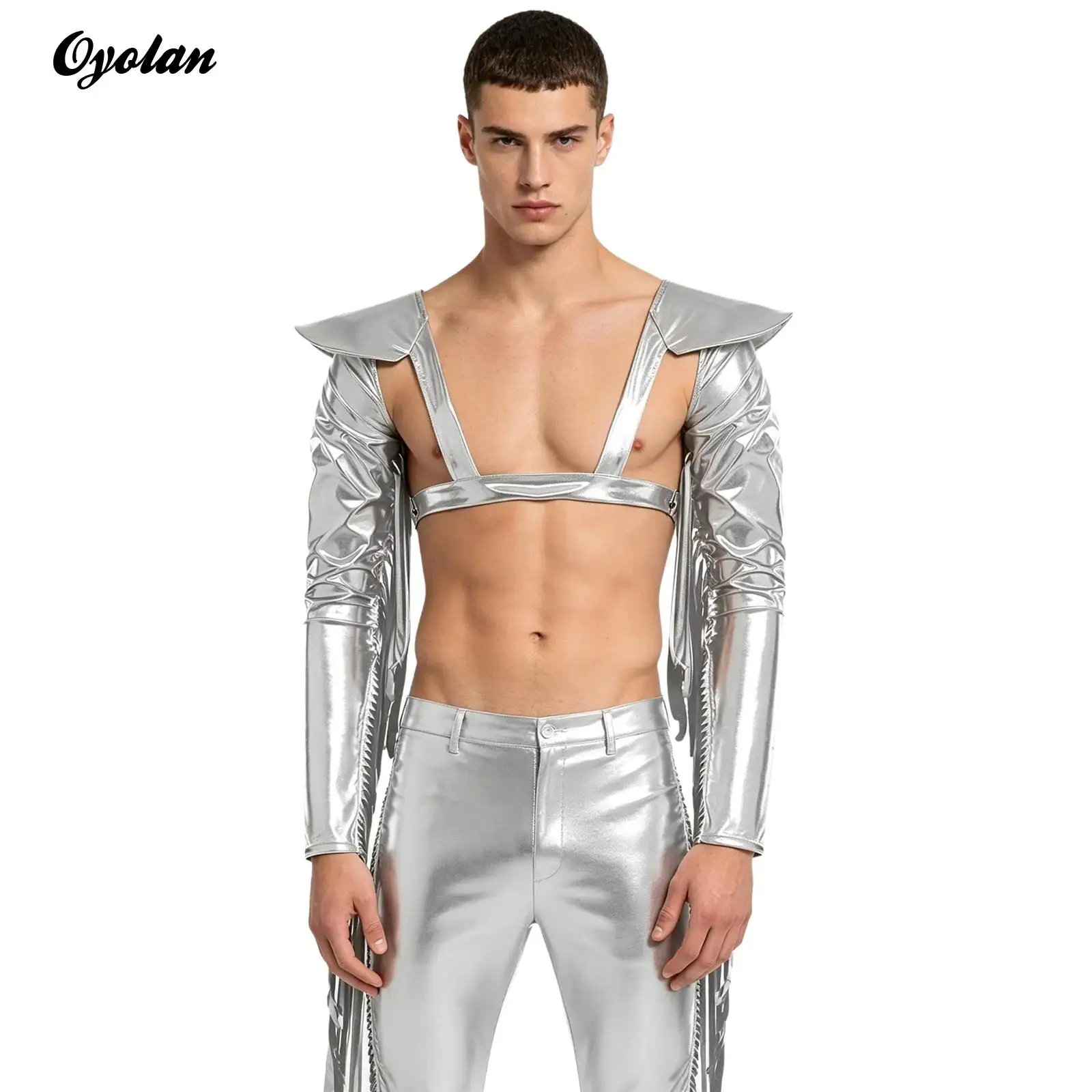 Mens Adjustable Chest Harness Club Party Crop Top Metallic Shiny Long Sleeve with Tassels Structured