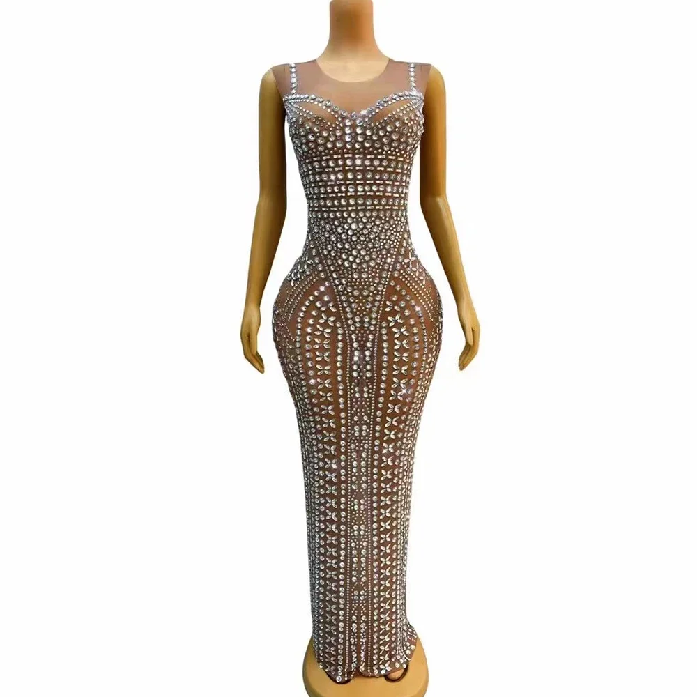 

Silver Rhinestones Brown Transparent Dress Birthday Celebrate Evening Stretch Costume Sexy Dance Performance Photo Shoot Gowns