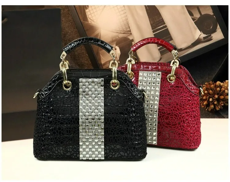 2026 Neue Elegante Handtasche mit Krokodilmuster aus Lackleder mit Spitzen- und Diamantenbesatz als Schulter- und Umhängetasche – Detail 1