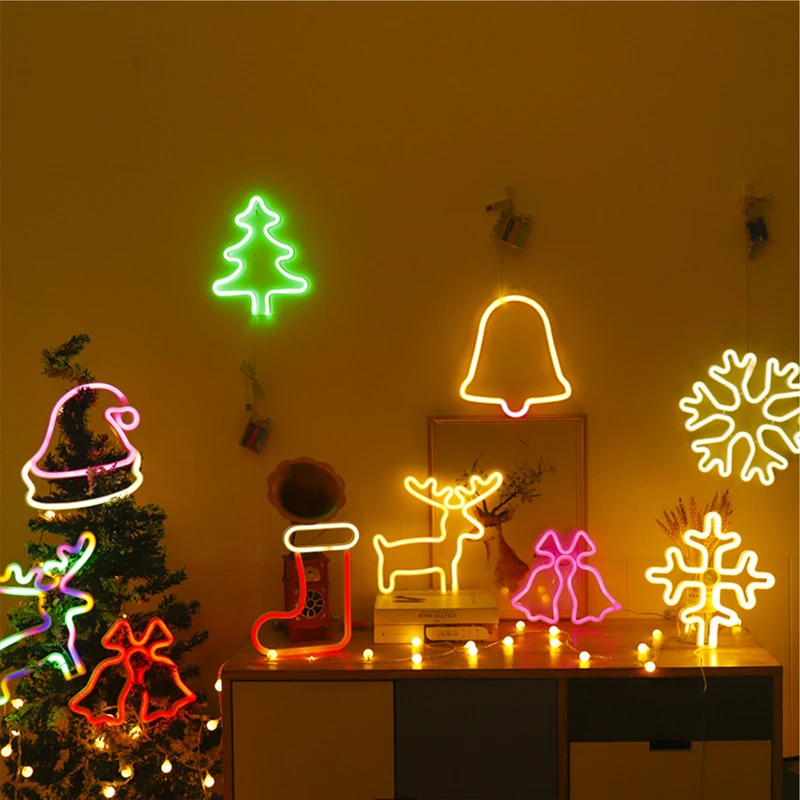 USB LED Neon Night Light Bell/Snow DC5V Christmas Creative Sign Wall Hanging Art Bedroom Decor for Holiday Room Home Party Gift